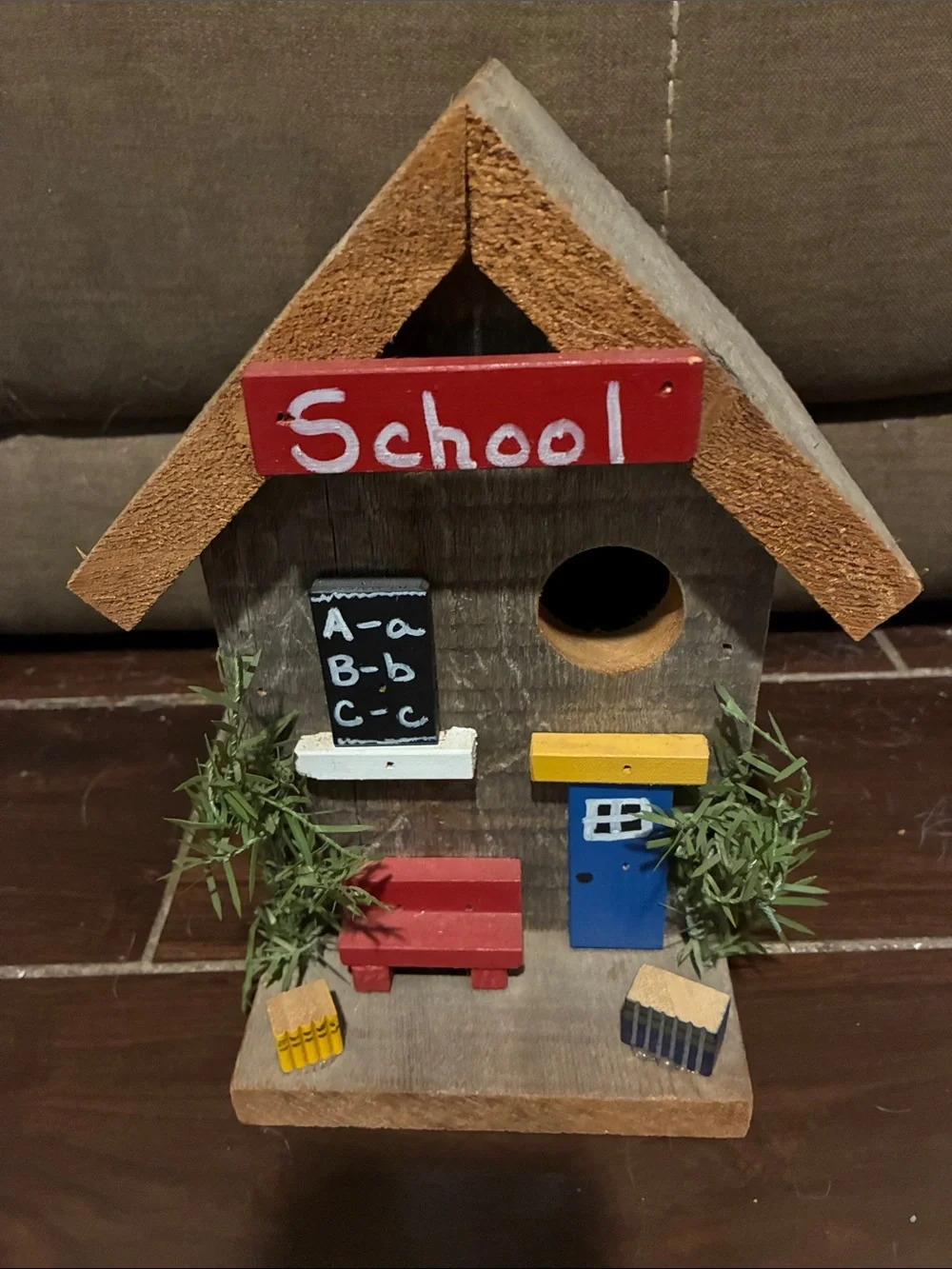Hand Crafted Wooden Schoolhouse Birdhouse - Red, Blue, Yellow Accents